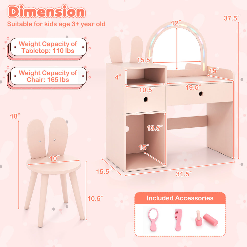 Kids vanity desk and chair set in pink with lights, featuring open shelves and a shatterproof mirror for safe play.