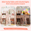 Kids vanity desk and chair set in pink with colorful lights, large storage, and shatterproof mirror for safe play.