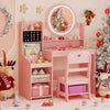 Kids Vanity Desk with Mirror and Lights Princess Pretend Play Dressing Table and Chair Set-Pink - Gallery View 1 of 10