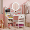 Kids vanity desk with lighted mirror and chair, featuring storage for accessories and books, perfect for pretend play.