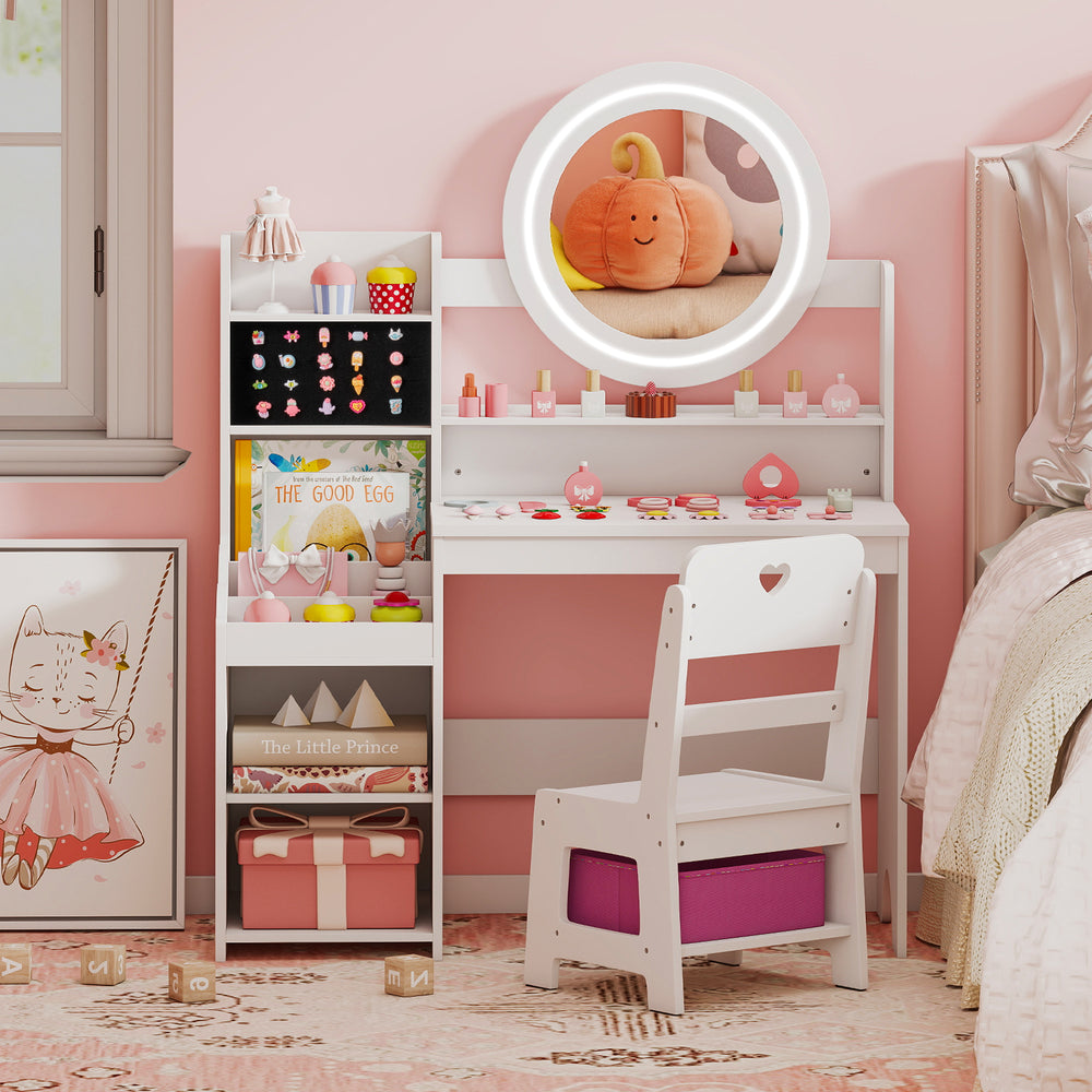 Kids vanity desk with lighted mirror, white finish, and storage shelves, perfect for pretend play and dressing up.