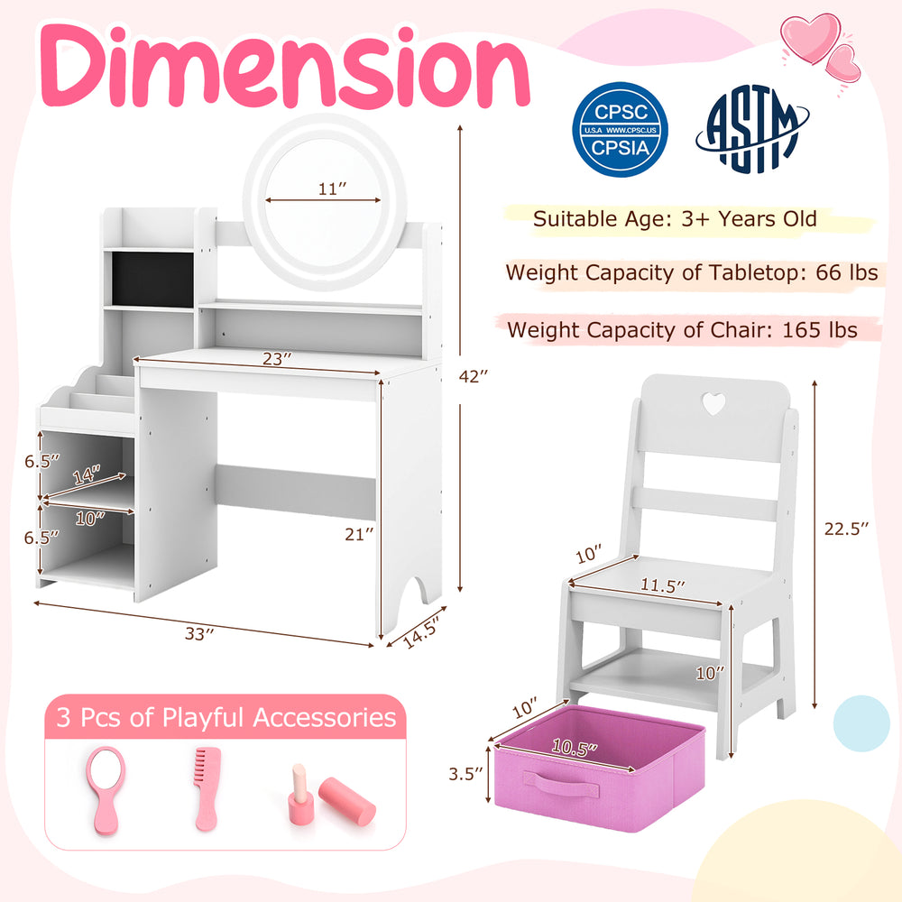 Kids vanity desk set in white with lighted mirror, storage shelves, and chair, ideal for pretend play and organization.