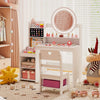 Kids vanity desk with lighted mirror and chair, featuring storage shelves and compartments for pretend play and.