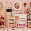 Kids vanity desk with lighted mirror, white finish, featuring storage shelves and a chair, ideal for pretend play.