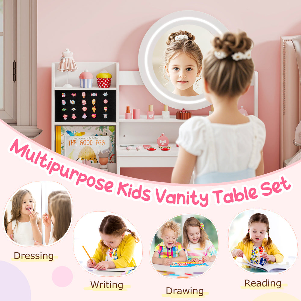 Kids vanity desk with lighted mirror and storage, perfect for dressing, writing, and drawing in white finish.