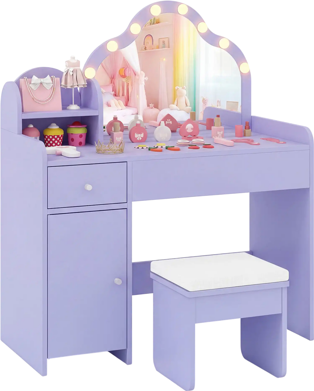 Kids vanity desk in purple with lighted mirror, adjustable shelf, and matching stool for pretend play and dressing up.