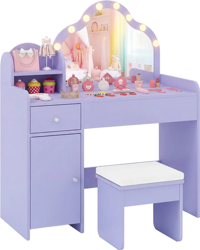 Costway Kids Vanity Desk Mirror Lights Princess Dressing Table 32673369 New