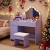 Kids vanity desk in purple featuring a lighted mirror with touch controls and a spacious drawer for pretend play.