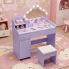 Kids vanity desk in purple showcasing a lighted mirror with adjustable brightness, perfect for imaginative play and.