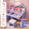 Kids vanity desk in purple with lighted mirror, adjustable shelf, and spacious storage for cosmetics and accessories.