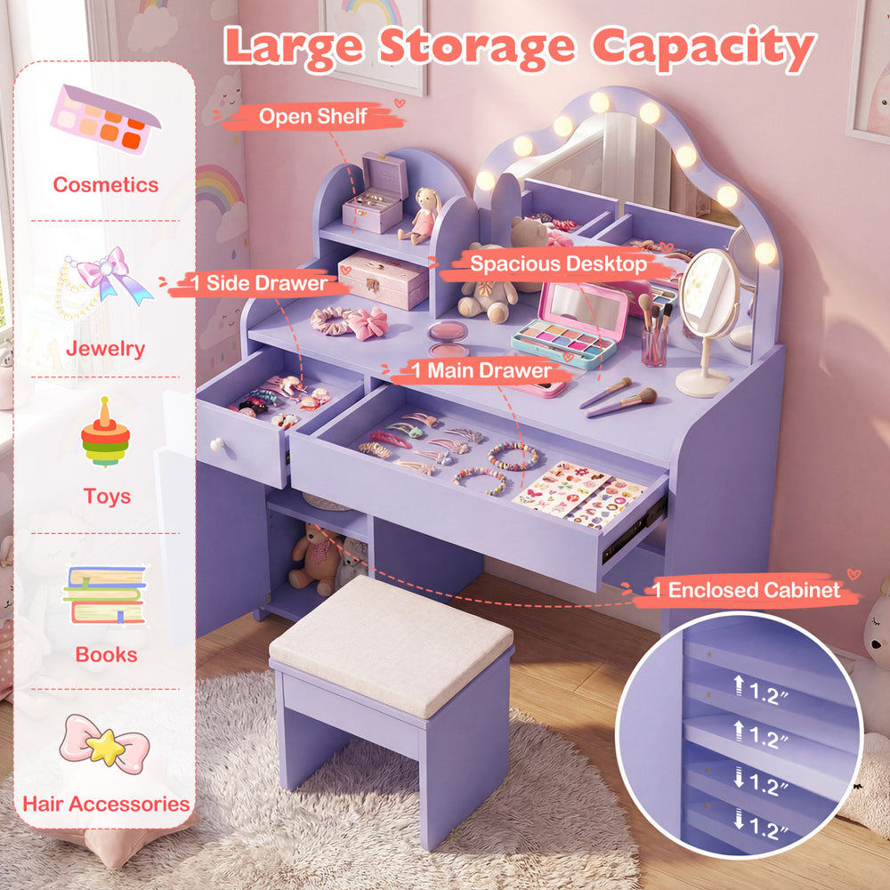 Kids vanity desk in purple with lighted mirror, adjustable shelf, and spacious storage for cosmetics and accessories.