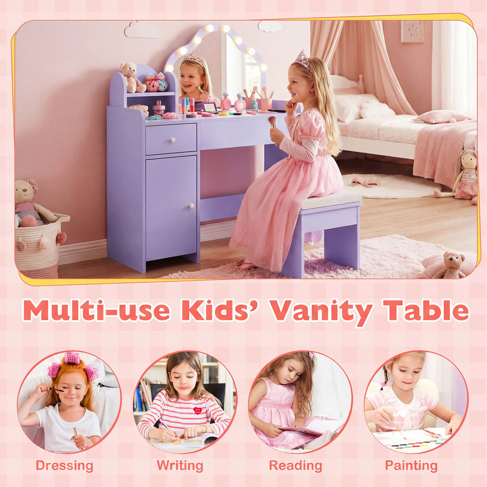 Kids vanity desk in purple with lighted mirror, adjustable shelf, and matching stool for dressing and play activities.