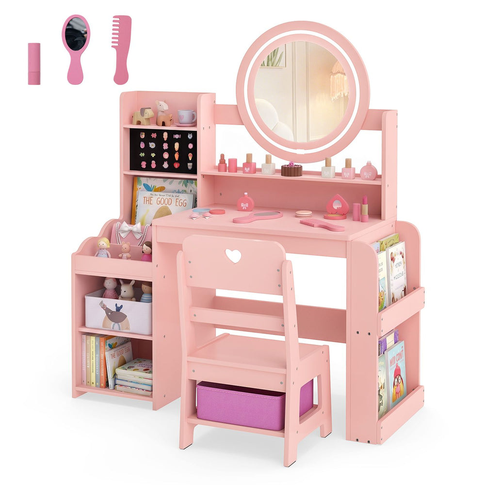 Kids Vanity Desk with Mirror Side Bookshelf and Ring Slots-Pink - Gallery View 1 of 2