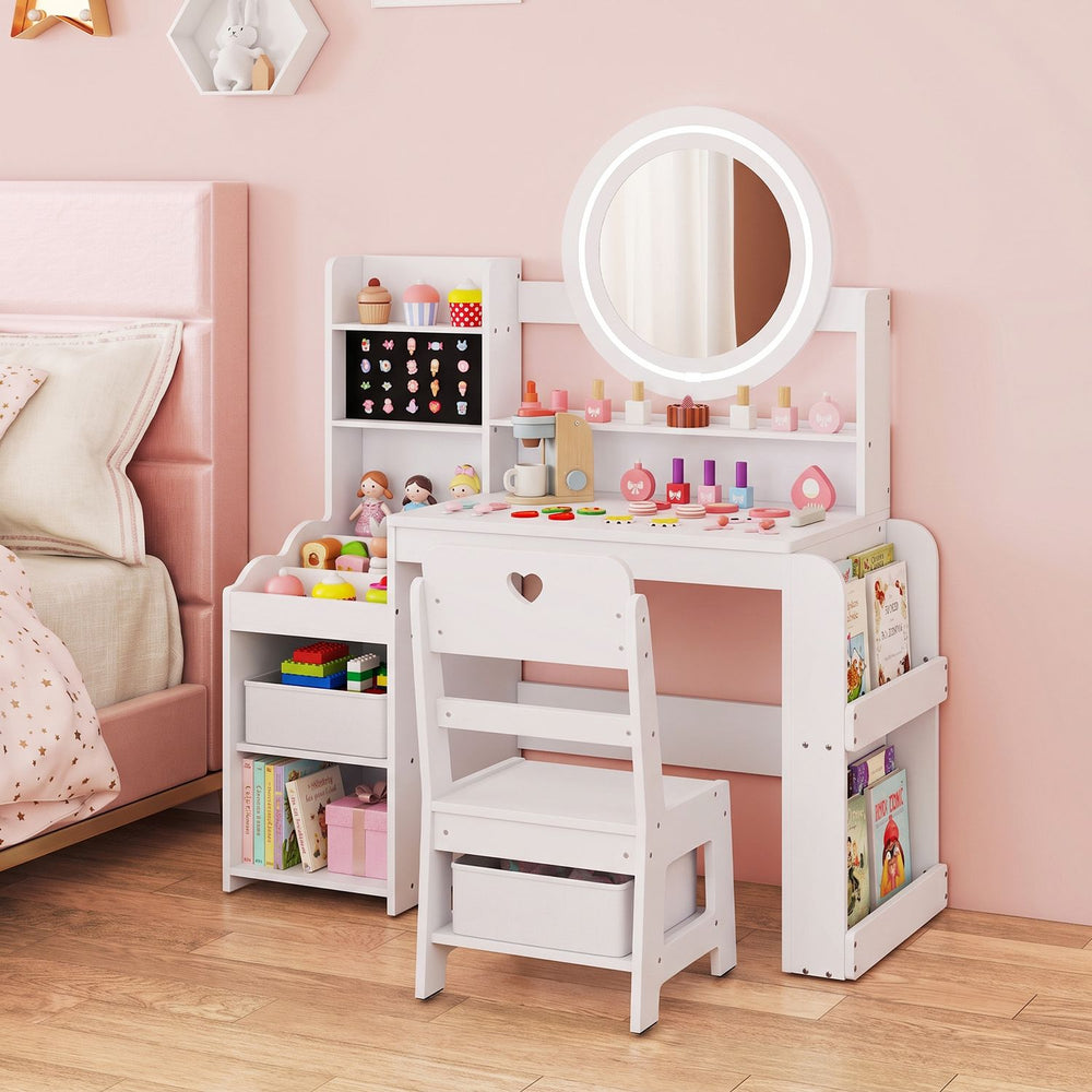 Kids vanity desk in white with a lighted mirror, side bookshelf, and storage for books and accessories, perfect for playtime.