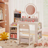 Kids vanity desk in white with a lighted mirror, side bookshelf, and storage for books and accessories in a playful setting.