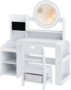 Kids vanity desk with white finish features a lighted mirror and side bookshelf, ideal for children's play and study activities.