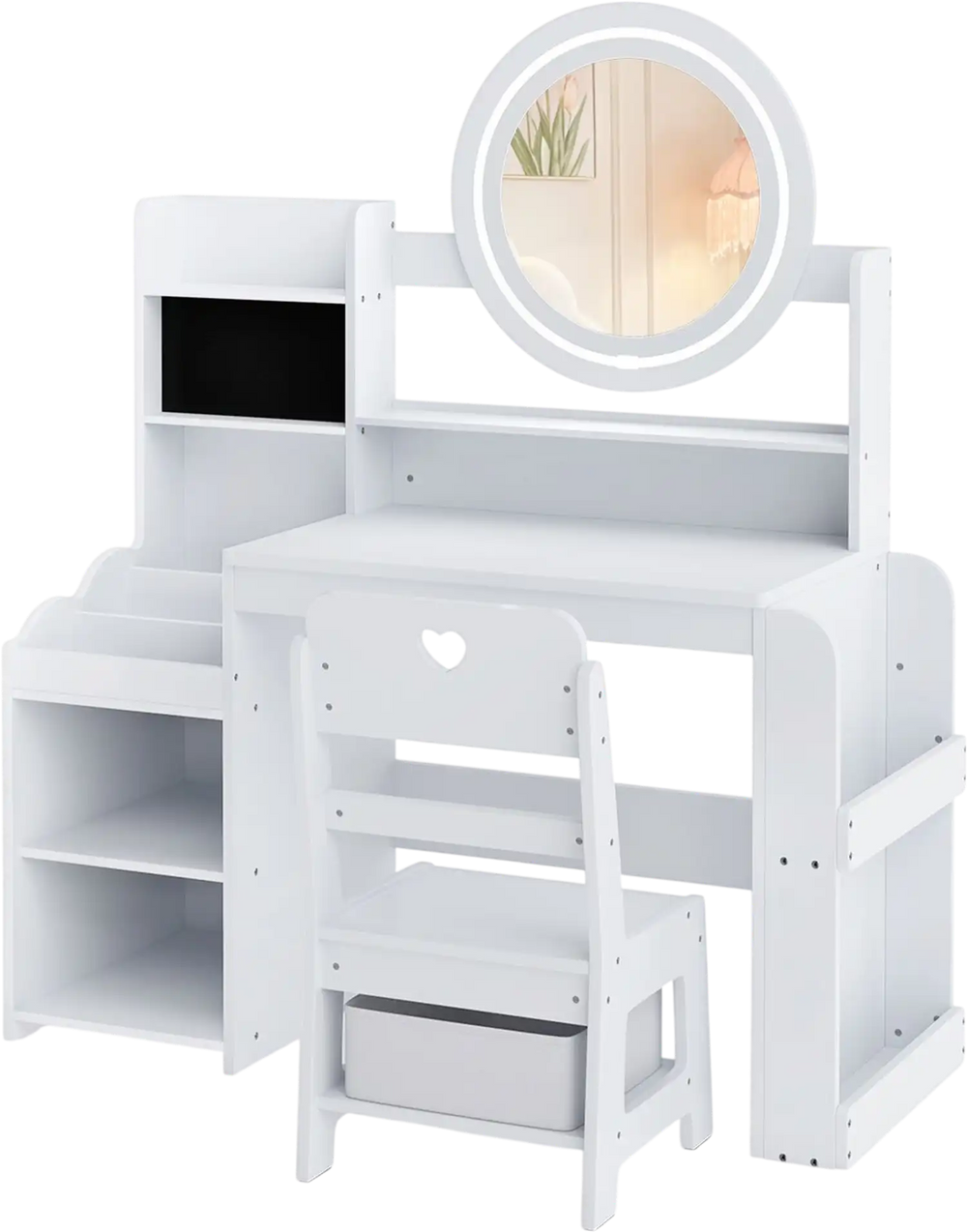 Kids vanity desk with white finish features a lighted mirror and side bookshelf, ideal for children's play and study activities.