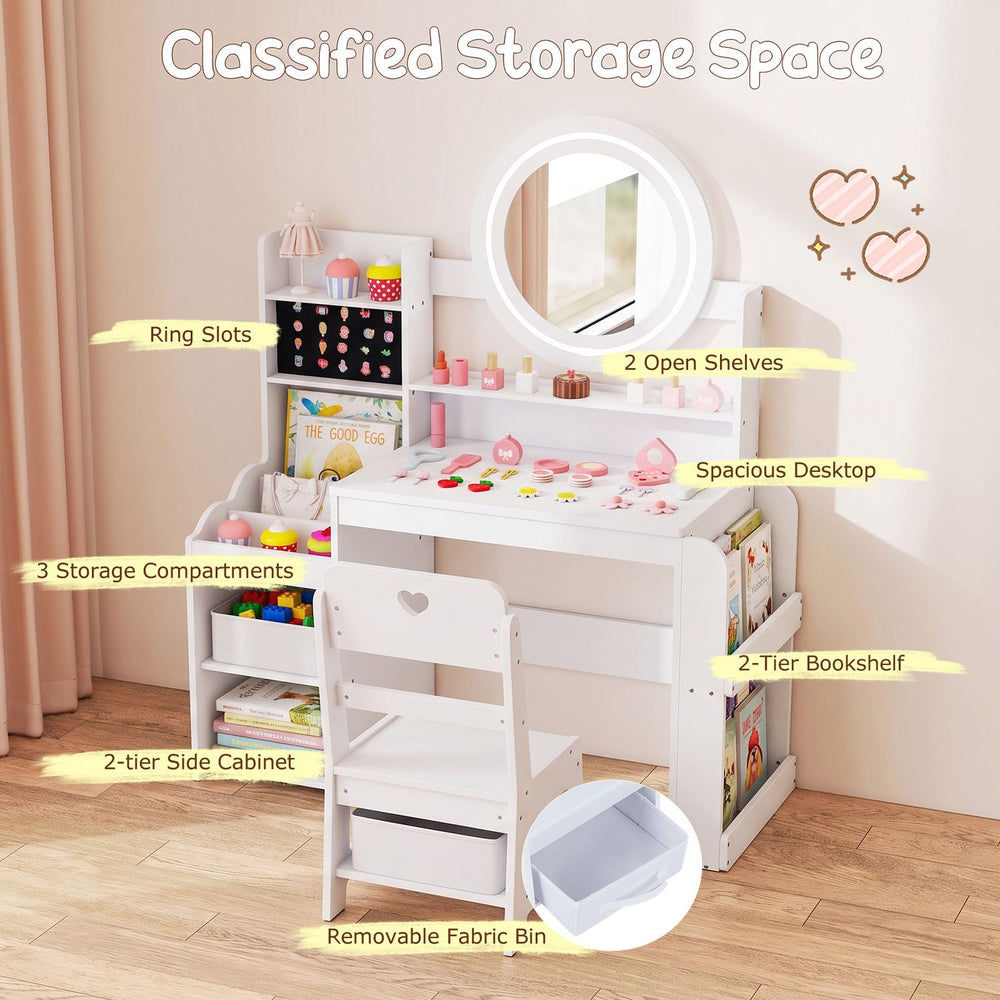 Kids vanity desk with mirror, side bookshelf, and ring slots, featuring spacious storage for cosmetics and accessories.