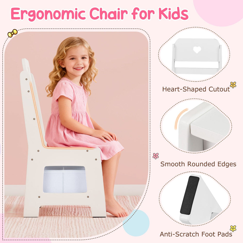 Kids vanity desk in white with a lighted mirror, side bookshelf, and comfortable chair for play and study.
