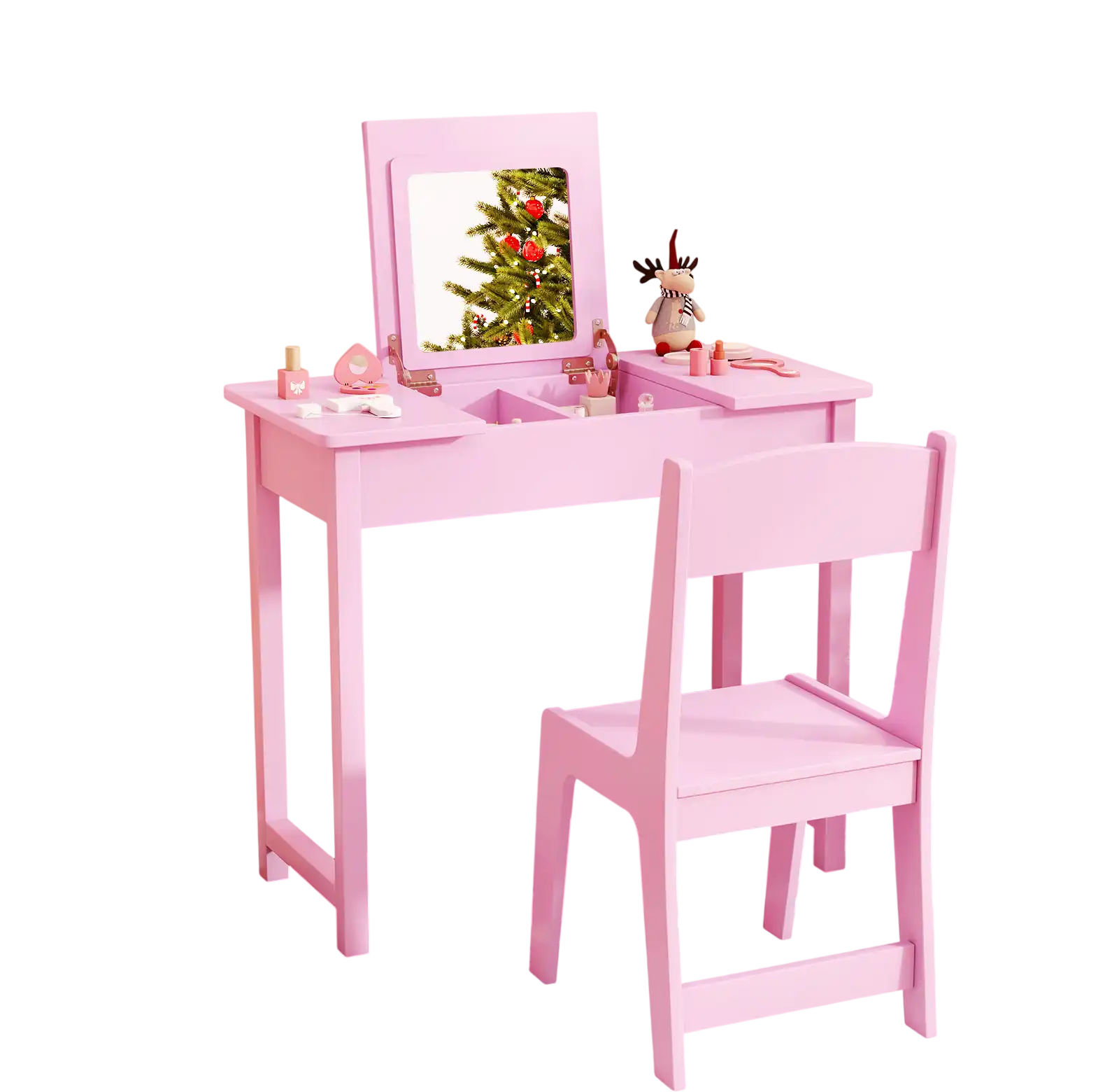 Costway 2-in-1 Kids Vanity Makeup Table Chair Set Flip Top Mirror Pink 62475391 New