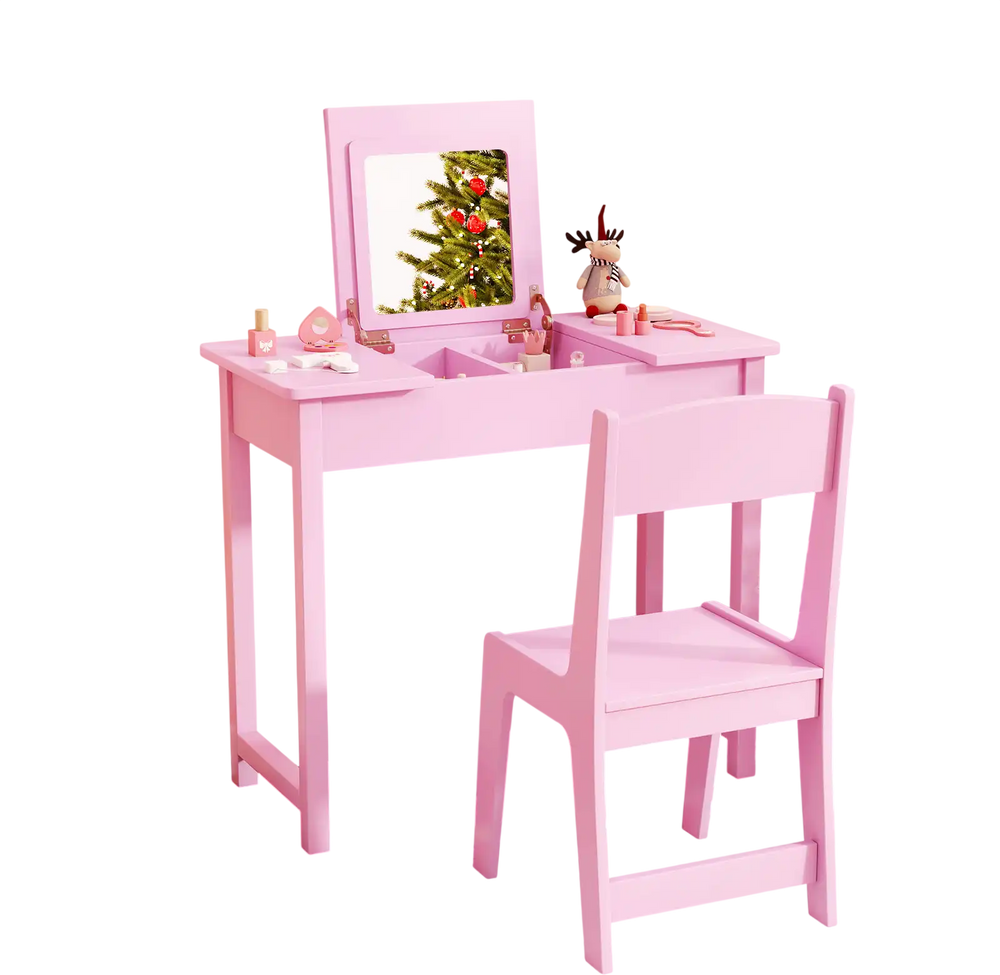 Kids vanity makeup table and chair set in pink with flip top mirror, perfect for imaginative play and arts and crafts.