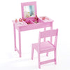 Kids vanity makeup table and chair set in pink with flip top mirror, ideal for imaginative play and storage.