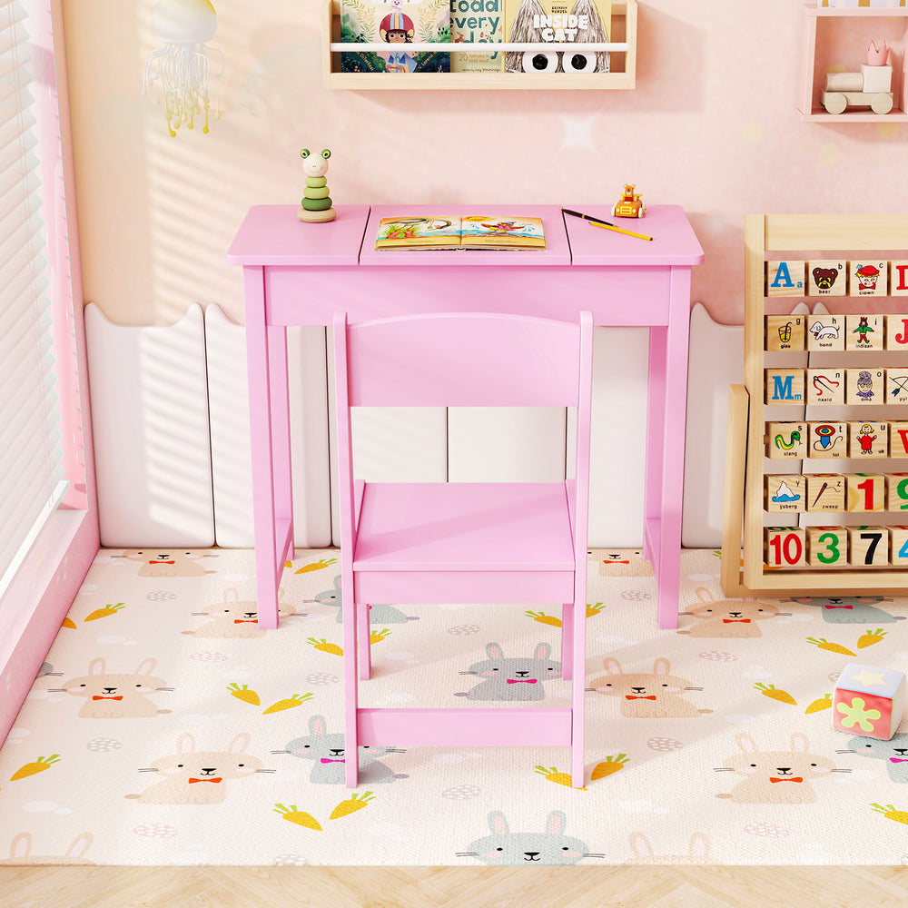 Pink kids' vanity table and chair set with flip top mirror, perfect for arts and crafts or imaginative play.