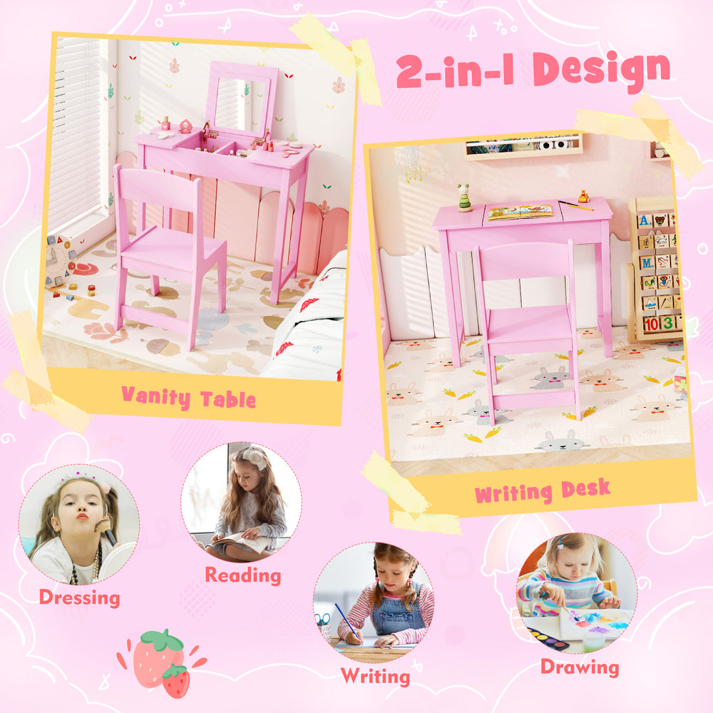 Kids' pink 2-in-1 vanity table and chair set with flip top mirror, ideal for dressing, writing, and creative activities.