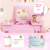 Kids vanity makeup table set in pink with a flip top shatterproof mirror, ideal for imaginative play and storage.