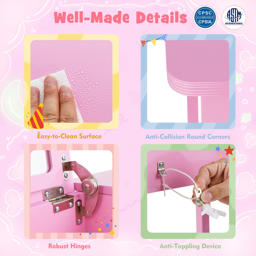 Detail shots of the 2-in-1 kids vanity set showcasing easy-to-clean surface, robust hinges, and anti-toppling device.