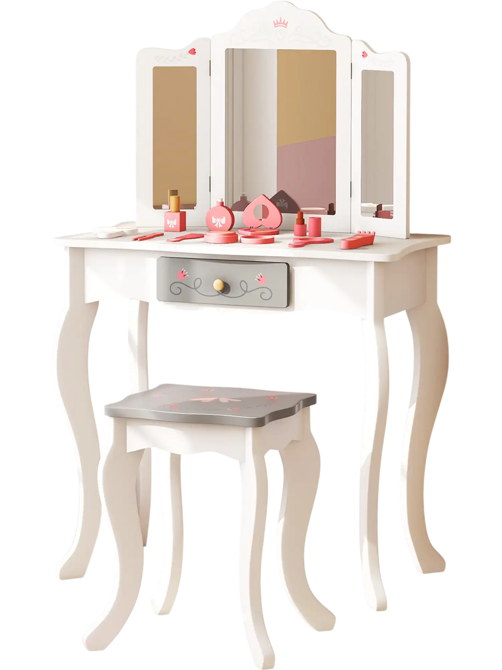 Kids vanity set with tri-folding mirror in white, featuring a charming design and safe materials for ages 3+.
