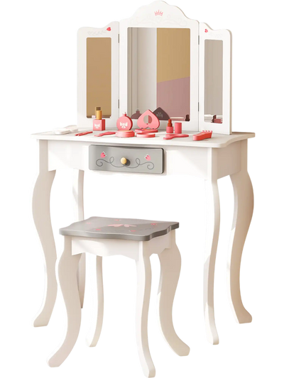 Costway Kids Vanity Set Tri-Folding Mirror White 72936548 New