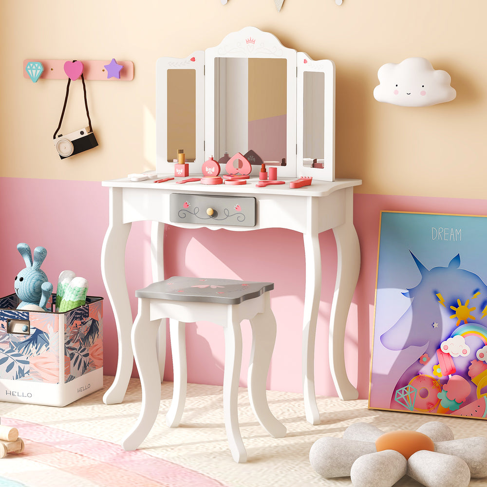 Kids Vanity Set with Tri-folding Mirror-White - Gallery View 1 of 10