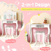 Kids vanity table with removable tri-folding mirror in white, perfect for dual use and safe for children aged 3+.