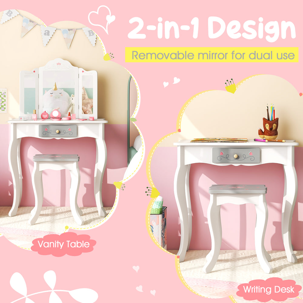 Kids vanity table with removable tri-folding mirror in white, perfect for dual use and safe for children aged 3+.