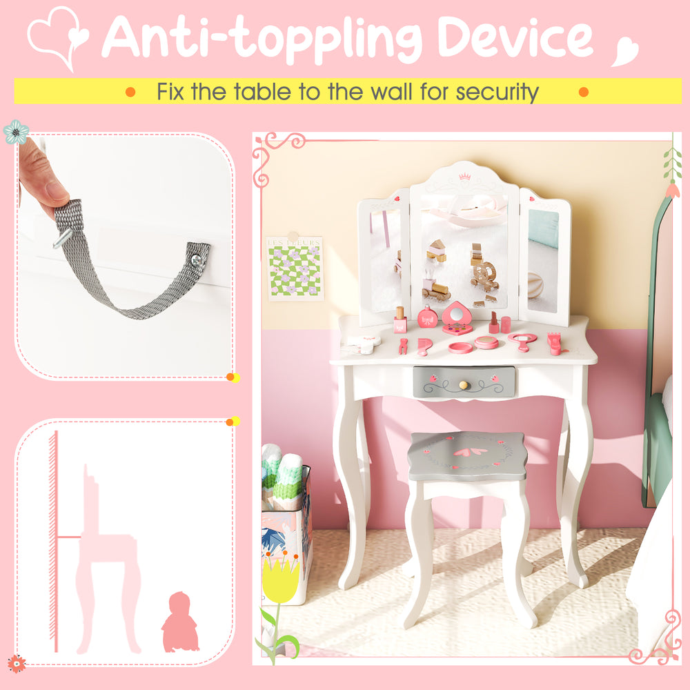 Kids vanity set with tri-folding mirror and anti-toppling device, designed for safety and stability in white finish.