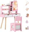 Kids vanity set in pink with adjustable lighted mirror, storage drawers, and chair for pretend play and dressing up.