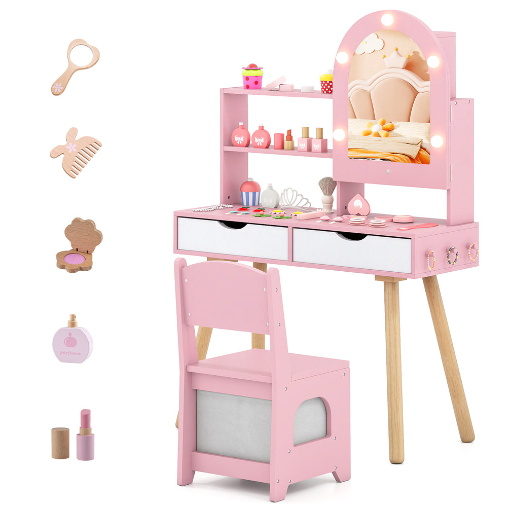 Kids vanity set in pink with adjustable lighted mirror, storage drawers, and chair, perfect for pretend play and.