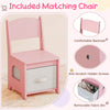 Kids vanity set includes a pink chair with a comfortable backrest and removable fabric bin for storage.