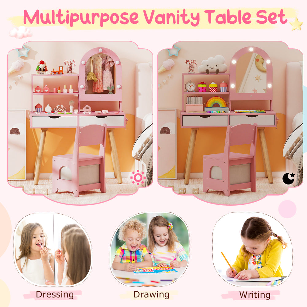 Kids vanity table set in pink with adjustable lighted mirror, storage drawers, and chair for dressing, drawing, and.