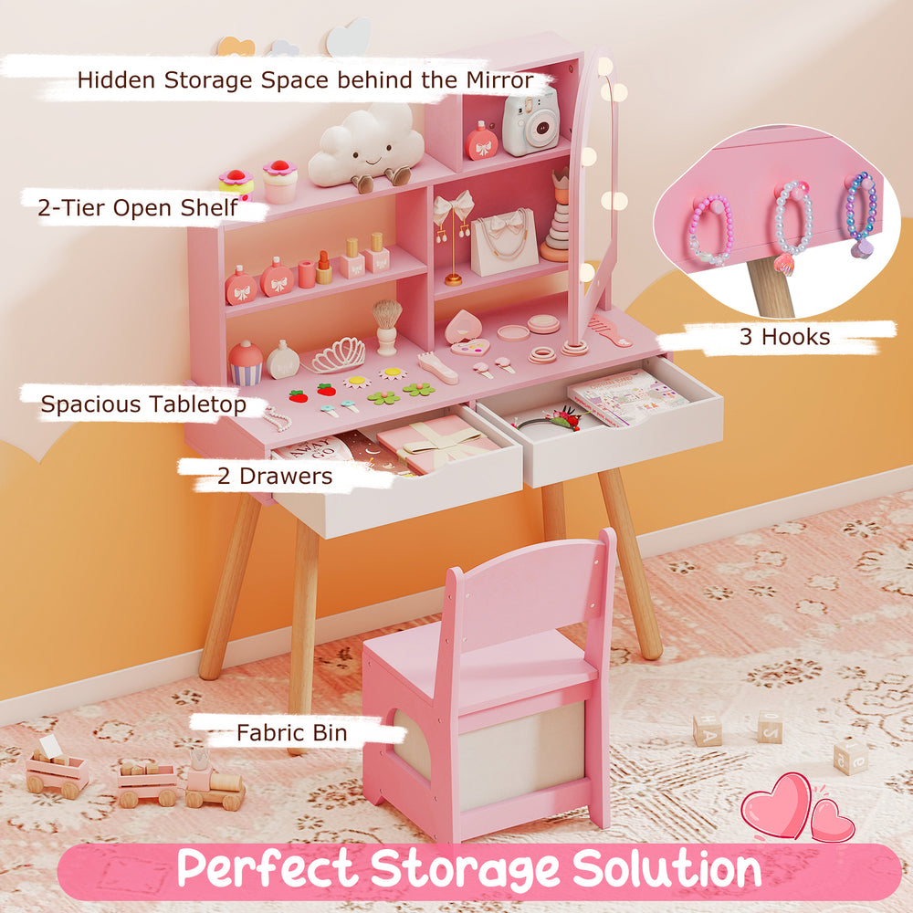Kids vanity set in pink featuring a lighted mirror, ample storage, and a comfortable chair for pretend play activities.