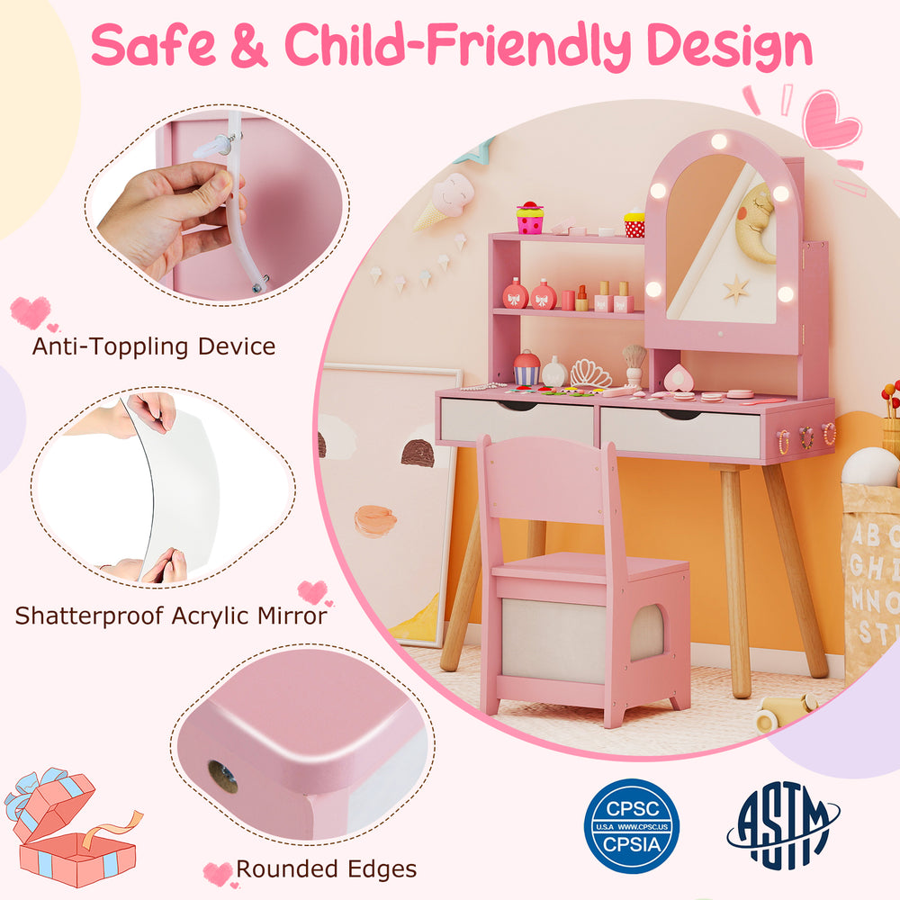 Kids vanity set in pink with adjustable lighted mirror, ample storage, and anti-toppling device for safe pretend play.