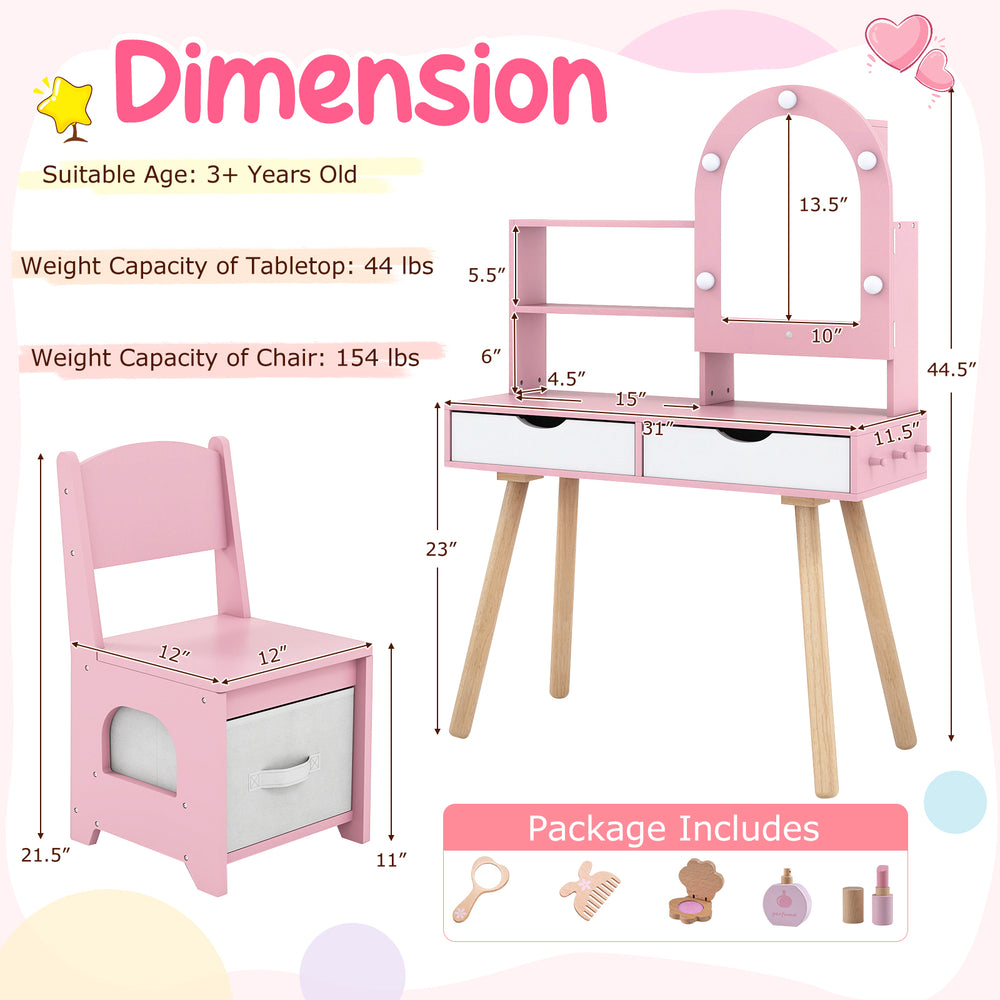 Kids vanity set in pink with adjustable lighted mirror, storage drawers, and a chair, perfect for pretend play and.