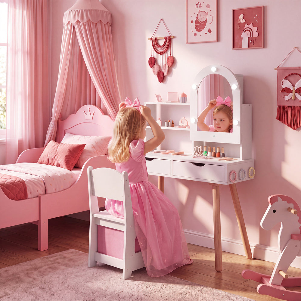 Kids Vanity Set Pretend Play Dressing Table Set with 3-Color Lighting Modes and Mirror Cabinet-White - Gallery View 1 of 11