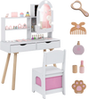 Kids vanity set with adjustable lighted mirror, ample storage, and included accessories for pretend play and dressing up.