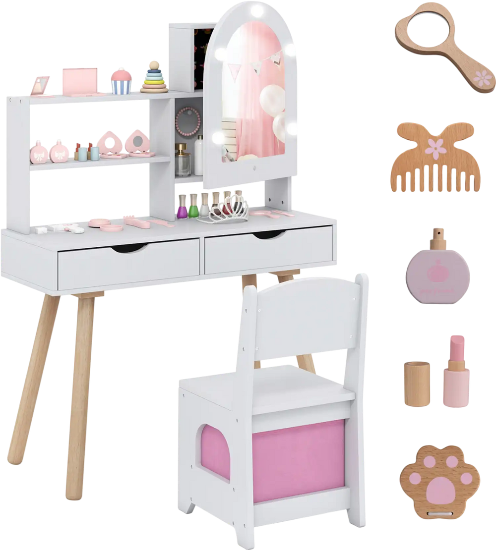 Kids vanity set with adjustable lighted mirror, ample storage, and included accessories for pretend play and dressing up.