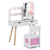 Kids vanity set with adjustable lighted mirror, ample storage, and a comfortable chair for pretend play and dressing up.