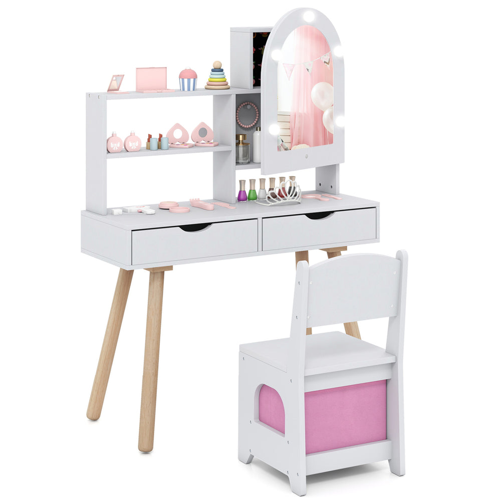 Kids vanity set with adjustable lighted mirror, ample storage, and a comfortable chair for pretend play and dressing up.