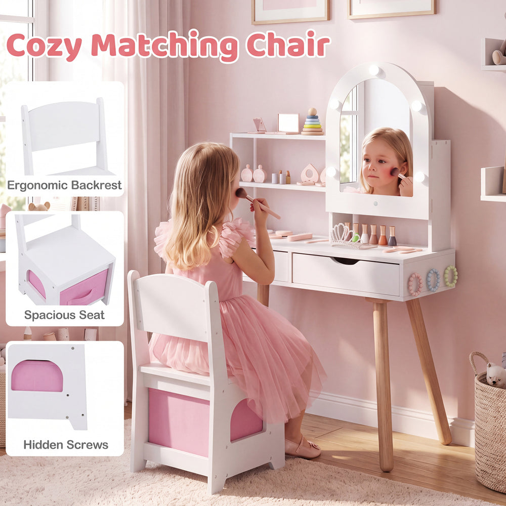 Kids vanity set featuring a comfortable chair with a spacious seat, perfect for dressing up and pretend play activities.