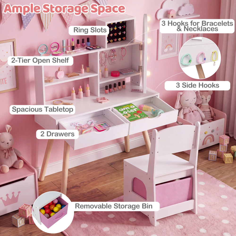 Kids vanity set in white featuring a lighted mirror, ample storage, and a comfortable chair with a removable storage bin.